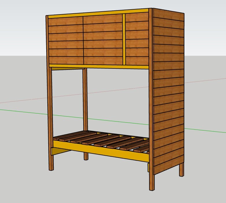Кровать с антресолью сверху и нишей для негабарита внизу.