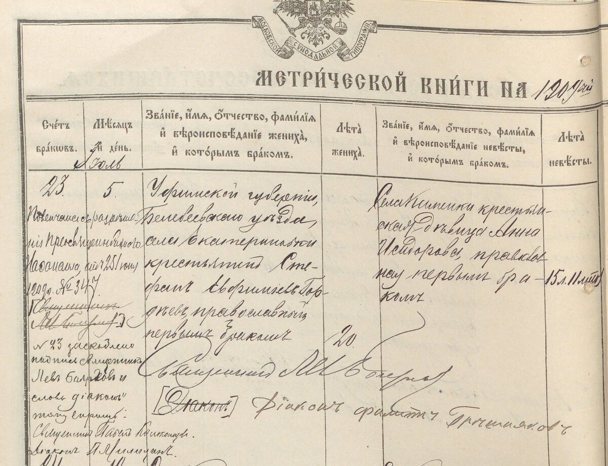 Фрагмент метрической книги за 1909 год