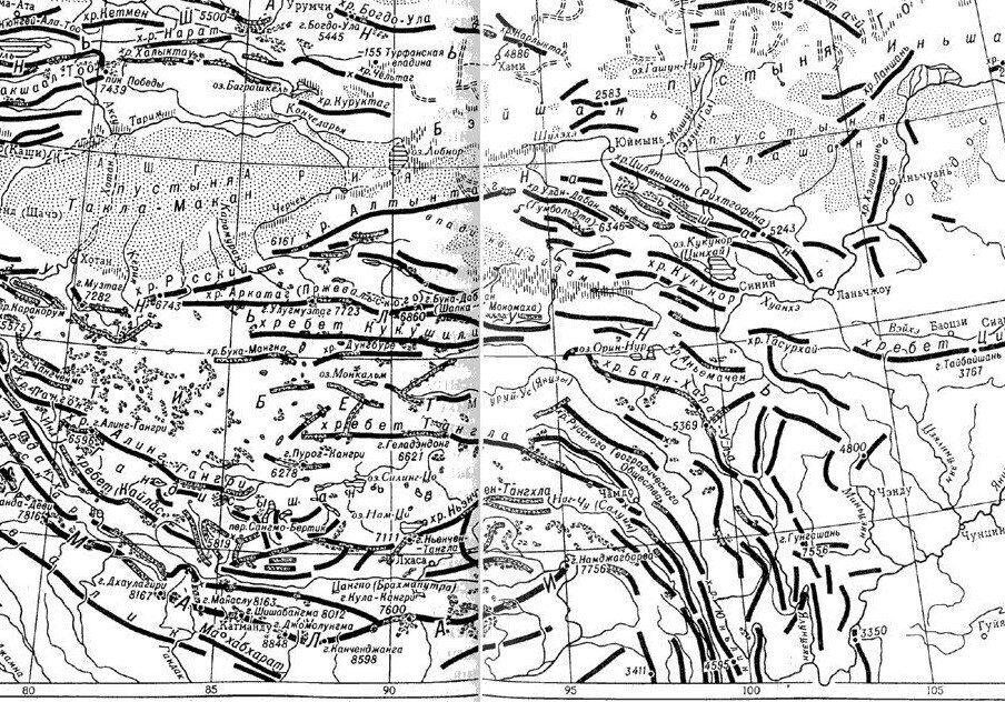 Карта хребтов Центрального и Восточного Тибета