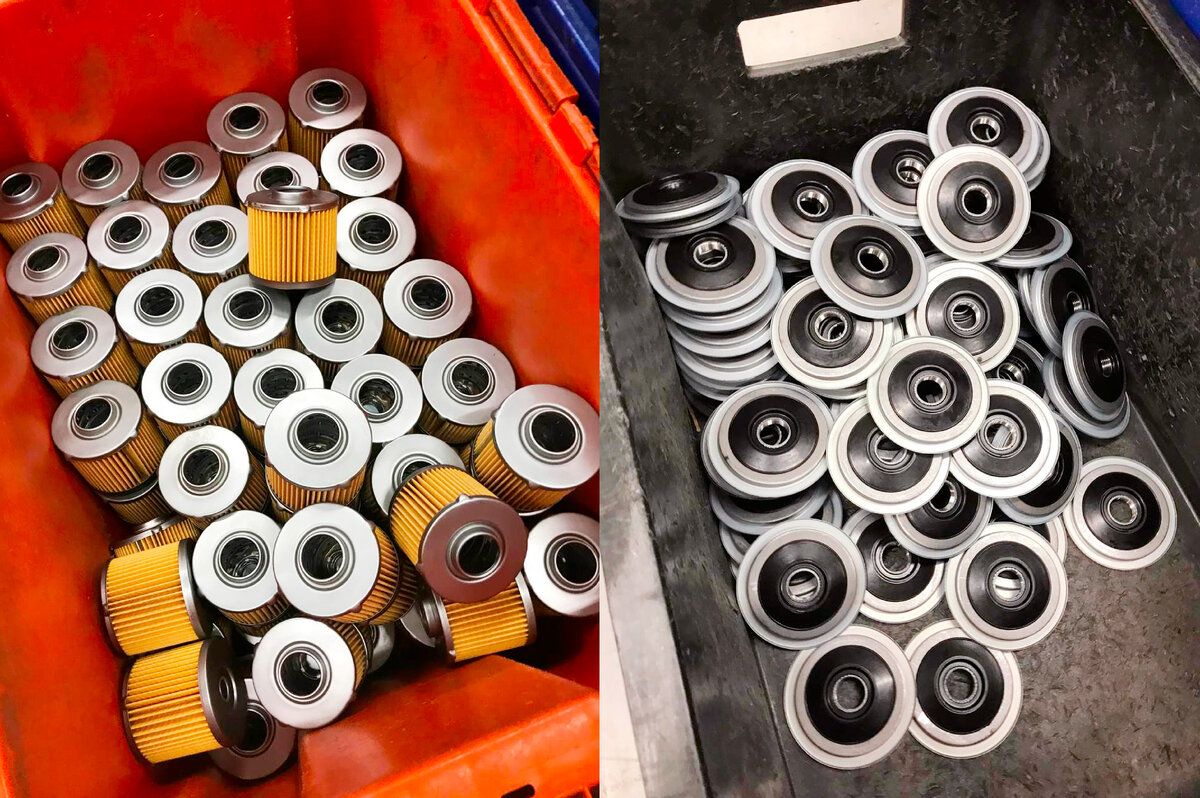 Заранее подготовленные комплектующие на линии сборки масляных фильтров