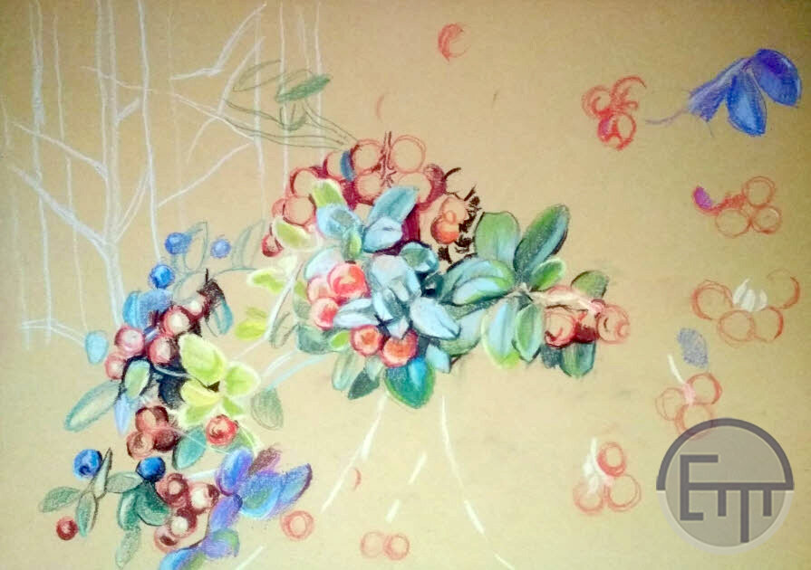 Художник Елена Тюрина. Процесс создания картины: "Лесные ягоды". Стадия I. Сухая пастель. 2021 г. Размер: 29,7х41,8 см.