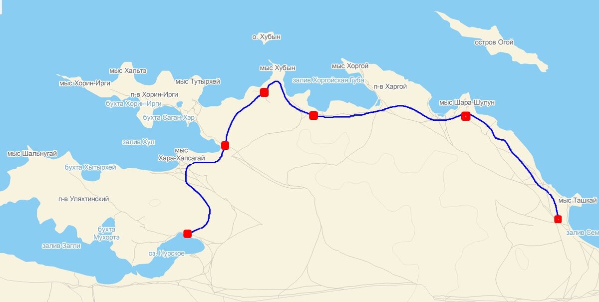 Примерная карта маршрута второго дня по Ольхону