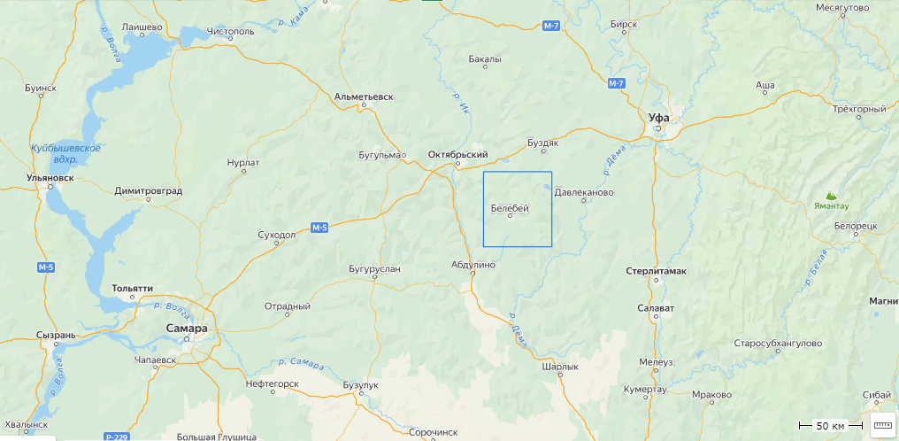 Карта расположения Белебея на Белебеевской возвышенности.