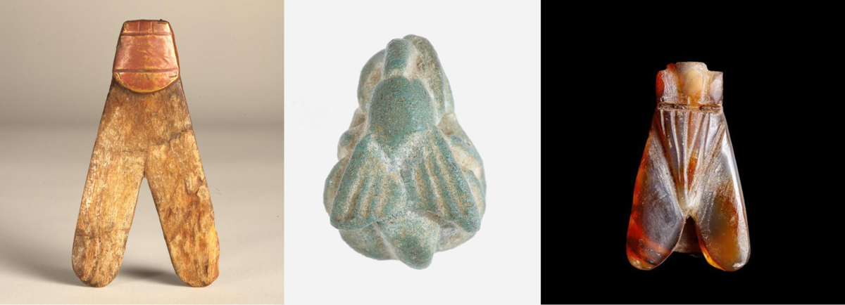 Амулеты в виде мух: (1) слоновая кость и бронза (2) фаянс (3) сердолик