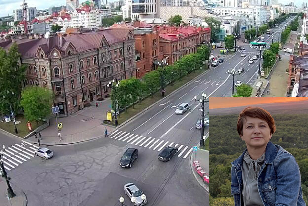 На фото: коллаж перекресток в центре Хабаровска и Забара Т.А.