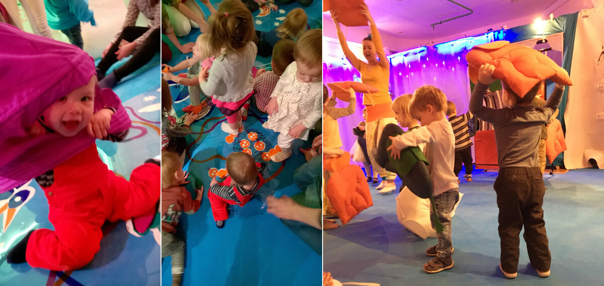 Дети играют с декорациями после музыкального спектакля "Песни для слонов".