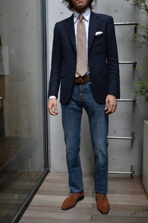 Образ пиджак с джинсами мужчине