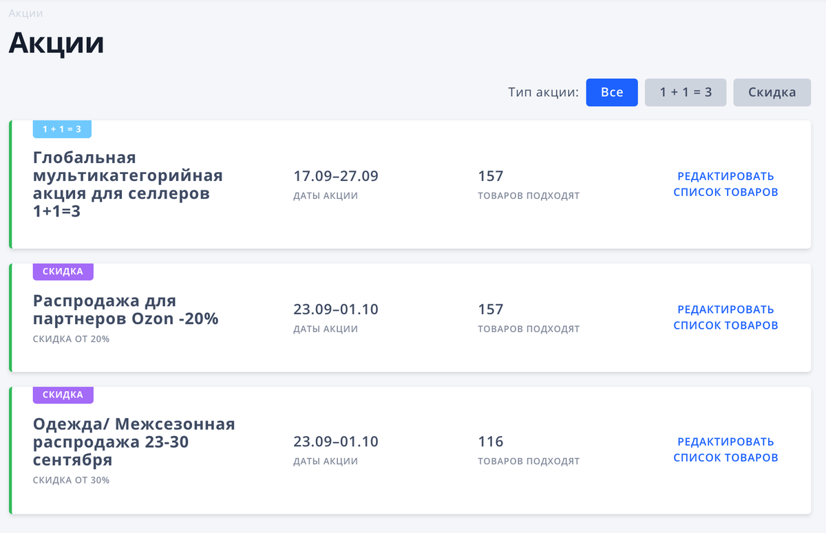 Список доступных акций