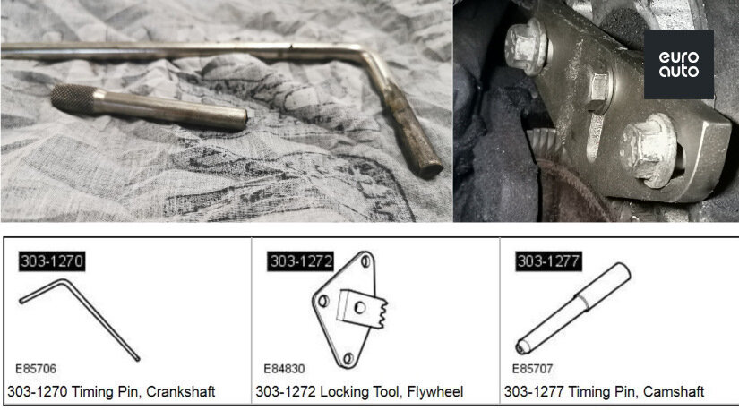 В левом верхнем углу снимка — фиксаторы валов, в правом — фиксатор маховика