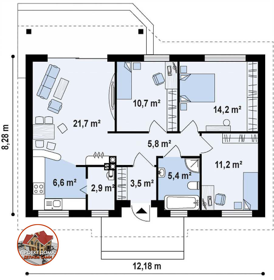 Одноэтажный 4-х комнатный дом 8х12 м., общей площадью 86 кв.м.