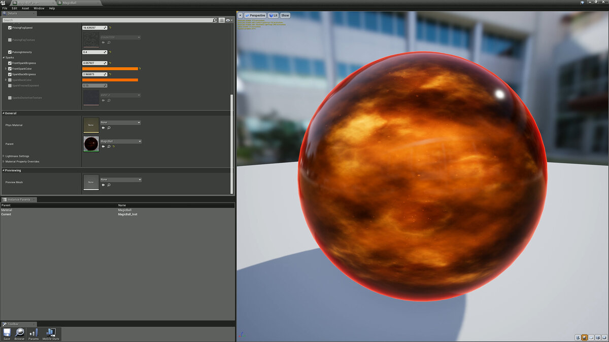 Шейдер в UE4. Если создать Material Instance, станет возможным налету изменять параметры шейдера и сразу же видеть результат.