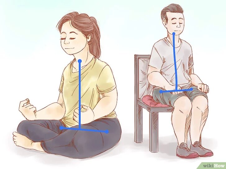 6 Когда вы сели в нужную позу, выпрямите спину. Правильная осанка позволит вам чувствовать себя комфортнее во время медитации.[10] Когда вы сядете в удобную позу, сфокусируйтесь на своей спине. Начиная снизу, представляйте, как каждый позвонок балансирует на предыдущем, чтобы поддержать весь вес вашего торса, шеи и головы.