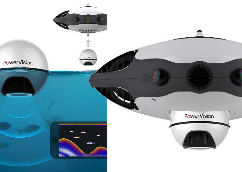 Подводный дрон для рыбалки PowerRay оснащён отделяемой сферой с эхолотом диаметром 68 мм и весом 100 г., который способен найти рыбу на глубине 40 м. 