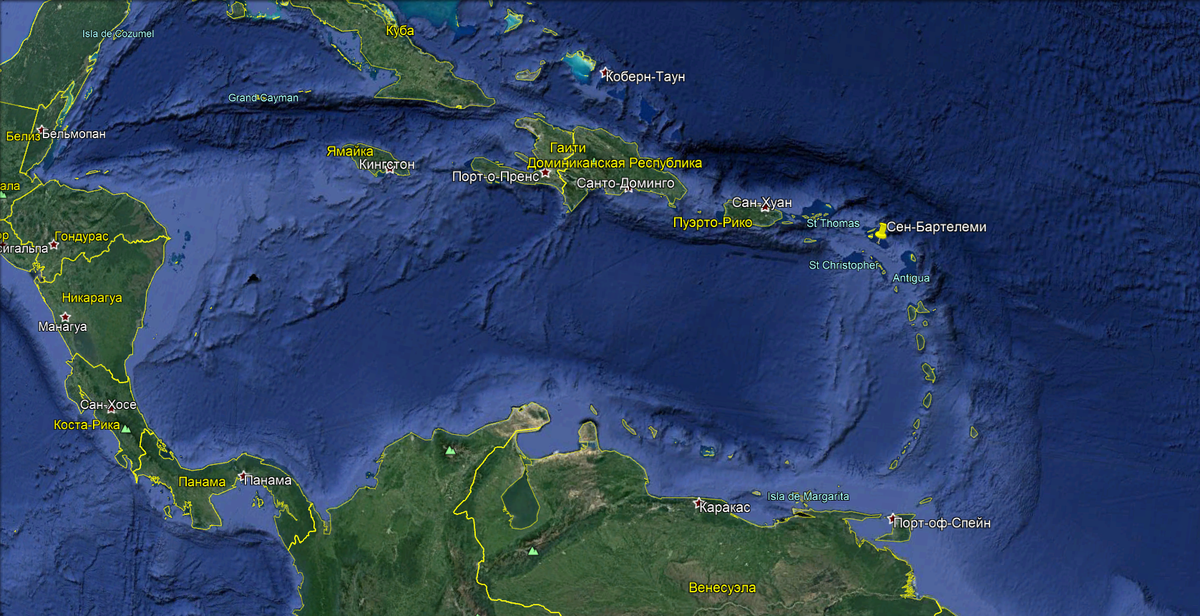 Сен-Бартелеми на карте Карибского региона (Желтой меткой)