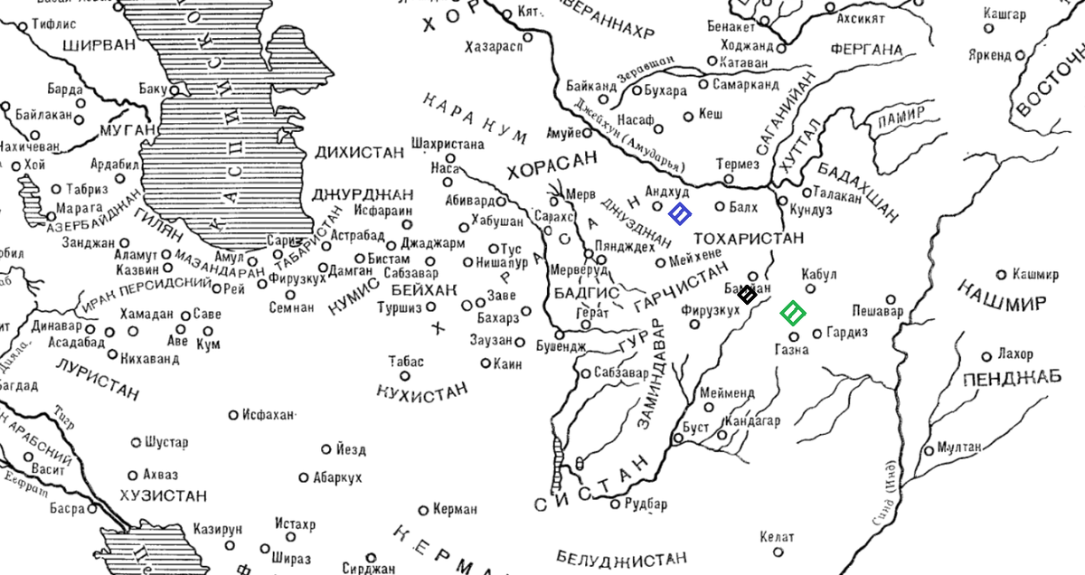 Диспозиция лета 1221 года. Синим - Чингисхан и Толуй. Черным - группировка Шиги-Кутуку. Зеленым - мусульмане Джалаль ад Дина. 