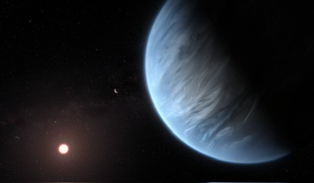    This artist's impression shows the planet K2-18b, its host star and an accompanying planet in this system. K2-18b is now the only super-Earth exoplanet known to host both water and temperatures that could support life. UCL researchers used archive data from 2016 and 2017 captured by the NASA/ESA Hubble Space Telescope and developed open-source algorithms to analyse the starlight filtered through K2-18b's atmosphere. The results revealed the molecular signature of water vapour, also indicating the presence of hydrogen and helium in the planet's atmosphere. Анастасия Никифорова