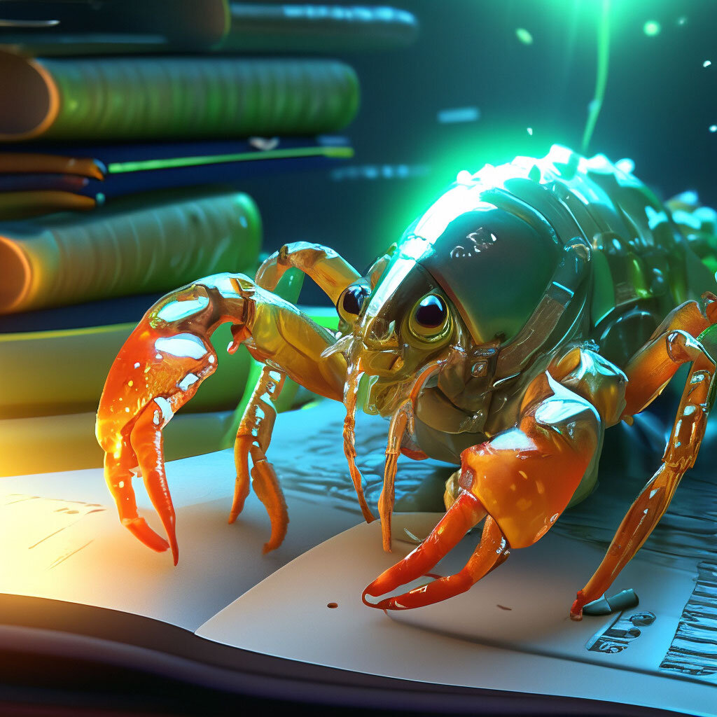 Рак читает книгу в уютной норке на дне реки. Нейросеть Шедеврум.