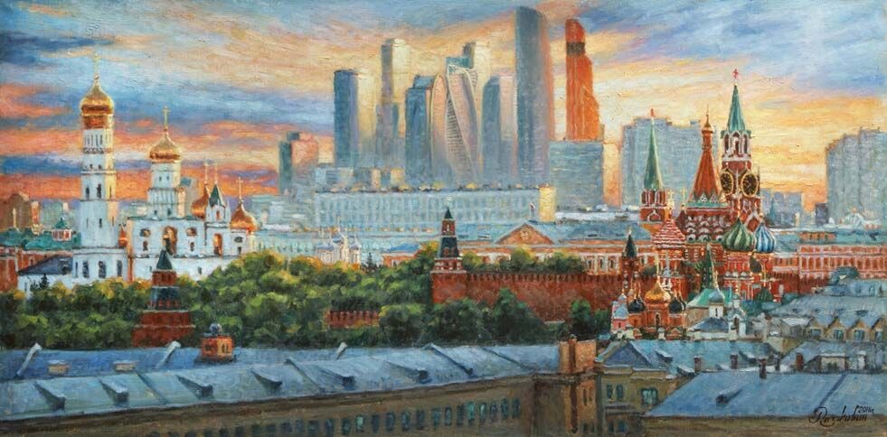 "Вертикали Москвы". 2016 г. Москва-Сити. Картина маслом. Художник Игорь Разживин (скопировано с сайта https://www.pinterest.ru в свободном доступе)