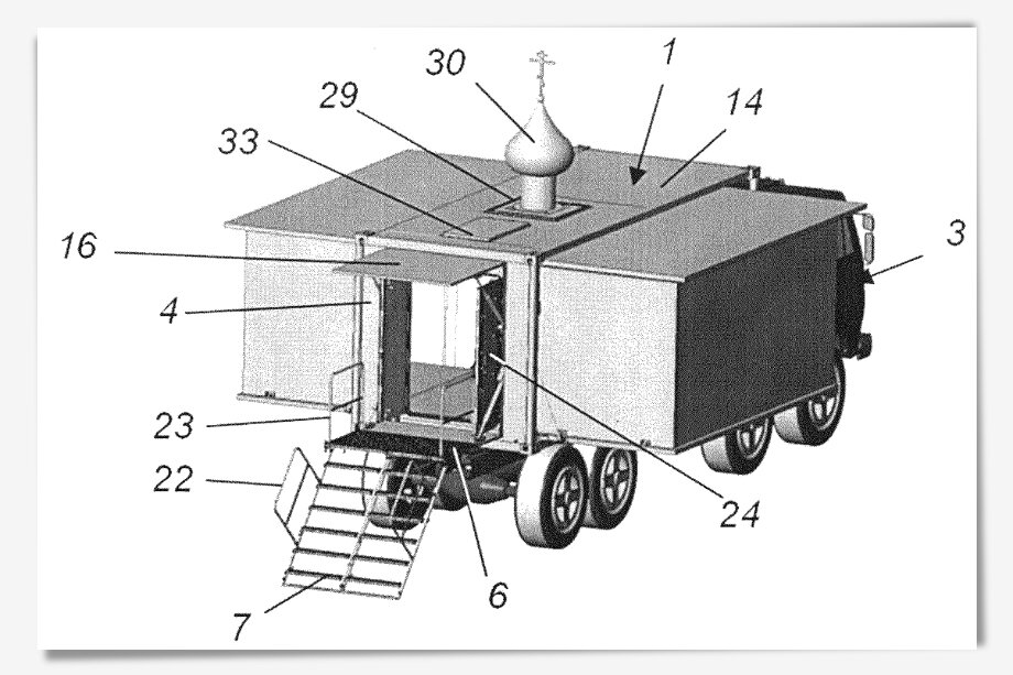 Разработчики предлагают систему автоподъёма купола через люк, вырезанный в крыше. Скриншот: патент кузова-контейнера для религиозной службы