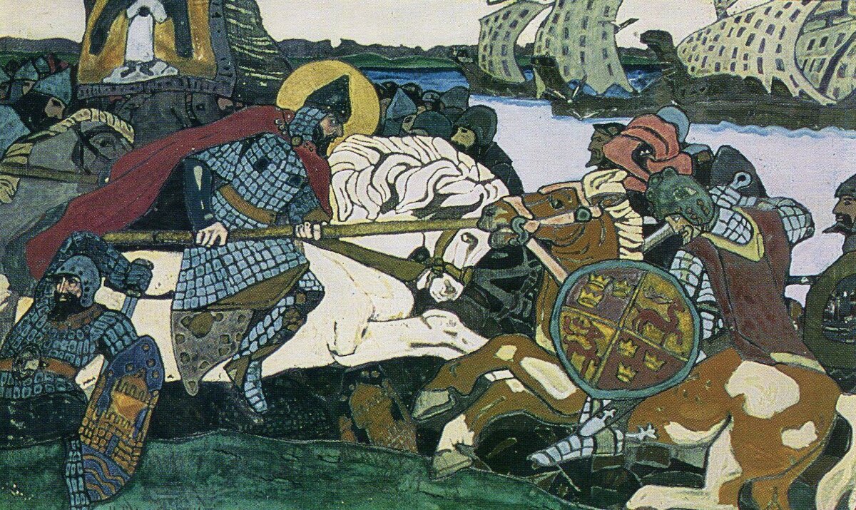 На картине Николая Рериха изображено, как князь Александр поражает ярла Биргера. Мы ломим, гнутся шведы! Источник: Википедия