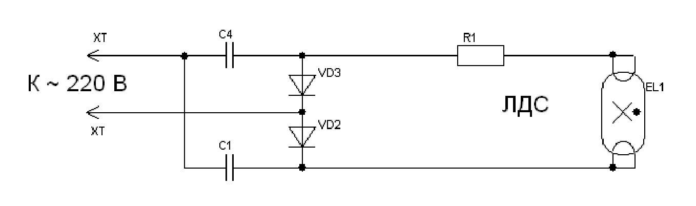 Напряжение питания светильника. Схема бездроссельного включения люминесцентных ламп. Схема запуска люминесцентных ламп с перегоревшими нитями накала. Схема подключения лампы дневного света без дросселя. Схема подключения перегоревшей люминесцентной лампы.