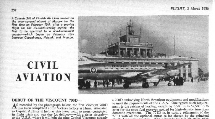 Скриншот журнала Flight от 2 марта 1956 года с фотографией финского самолета в аэропорту Внуково 
