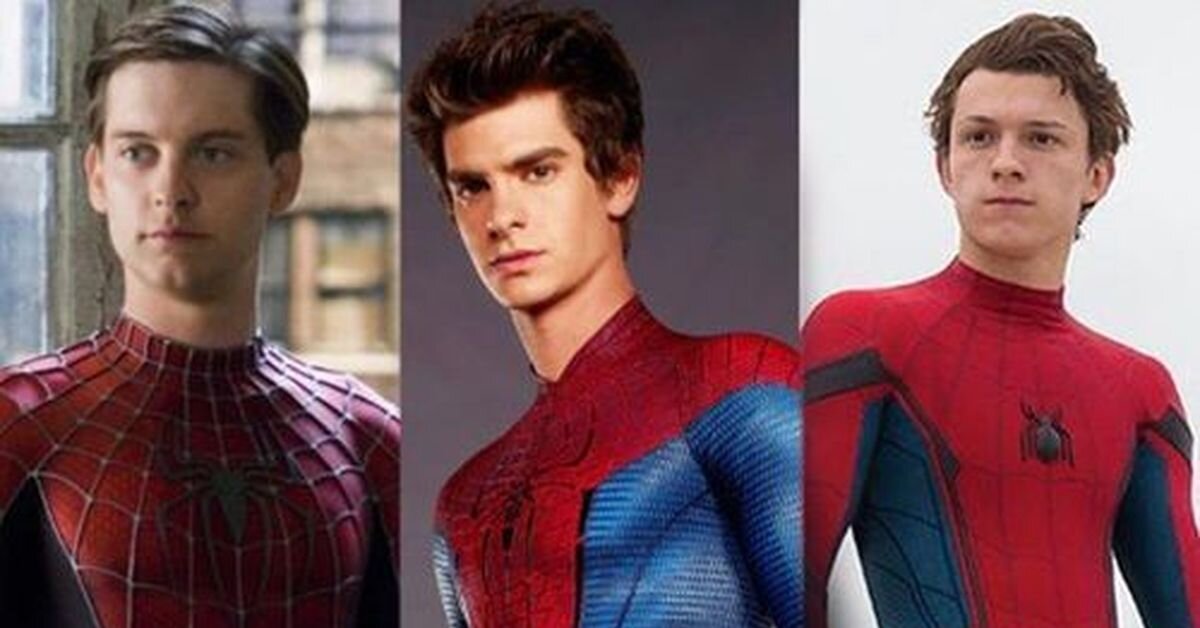 Три "паука" слева направо: Тоби Магуайр, Эндрю Гарфилд и Том Холланд. Фото: pikabu.ru