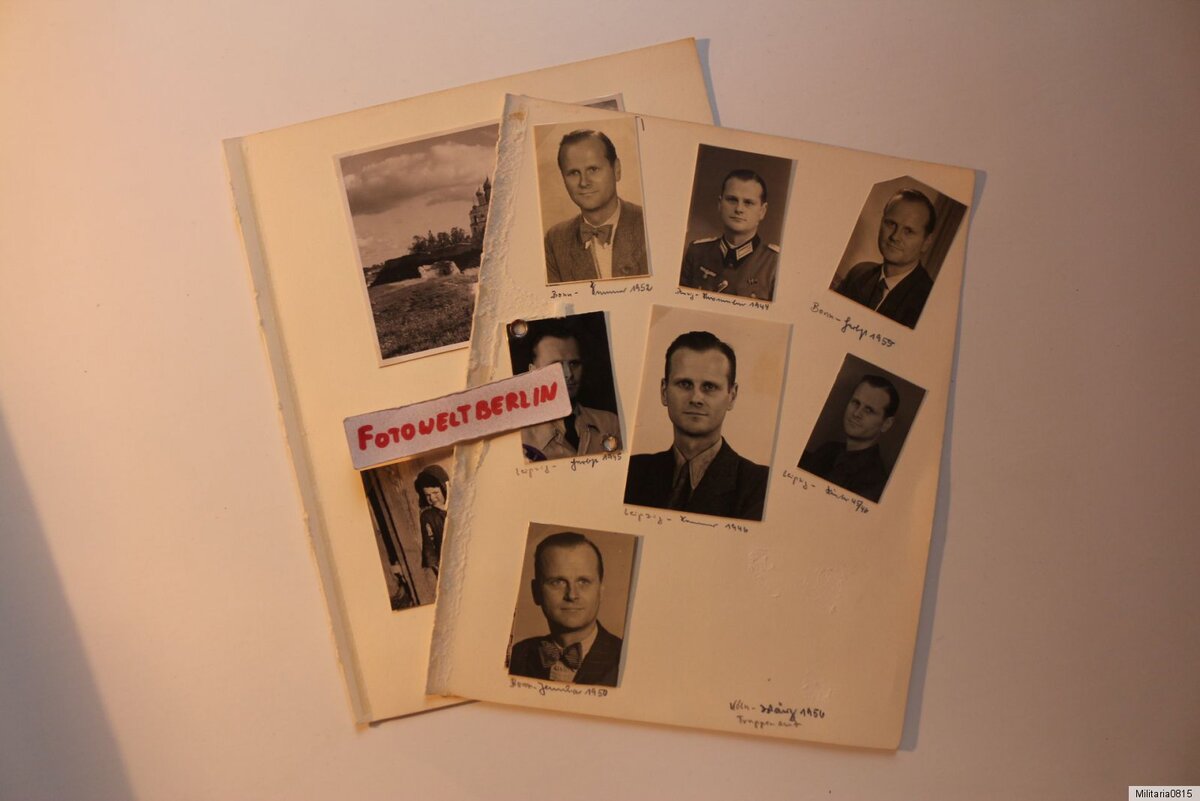 У продавца альбома подписано оберквартирмейстер. Судя по фото капитан (?) люфтваффе. Чаще всего мы видим альбомы которые заканчиваются зимой в России 41/42, госпиталем или отпуском в фатерланде. Но тут портреты 45/46 год, 56, 59 годы. По всей видимости плен в советах он избежал. 