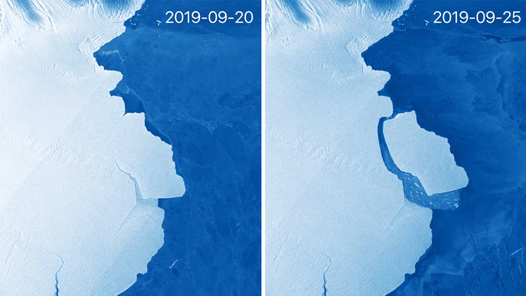 Снимок отколовшегося ледника от льдов Антарктиды.