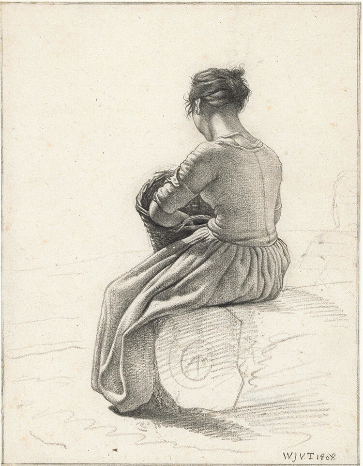 "Сидящая девушка с корзиной, вид сзади", 1808 г.