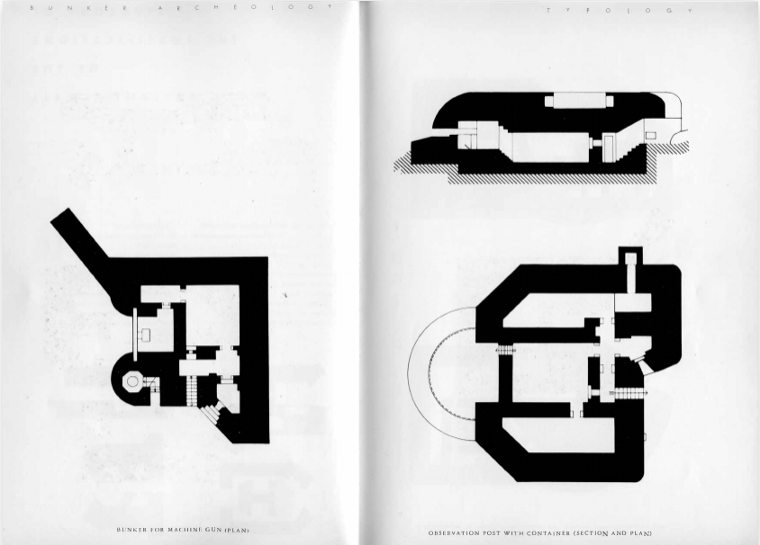 Paul Virilio Bunker Archeology 1975, Автор выявил типологию бункеров, планы и разрезы некоторых мы можем наблюдать в книге, 2 из 3.