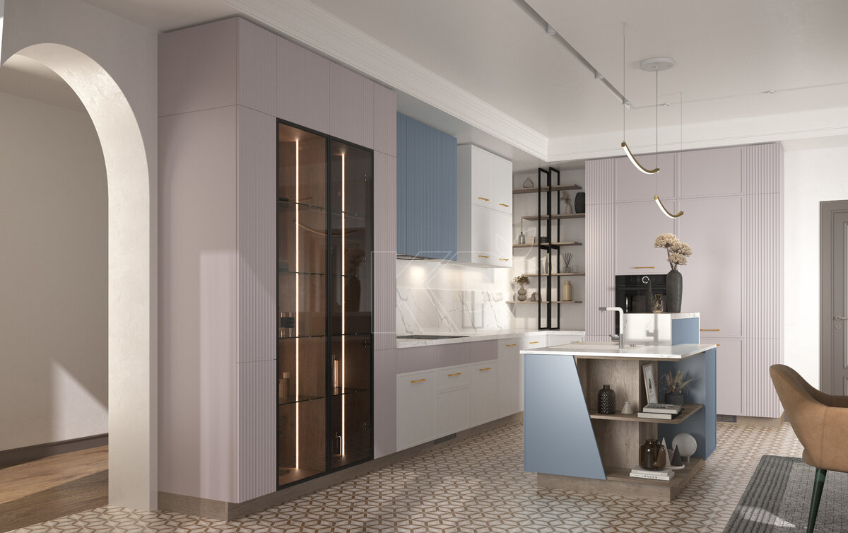 Кухня с стильными фрезерованными фасадами скошенной формы