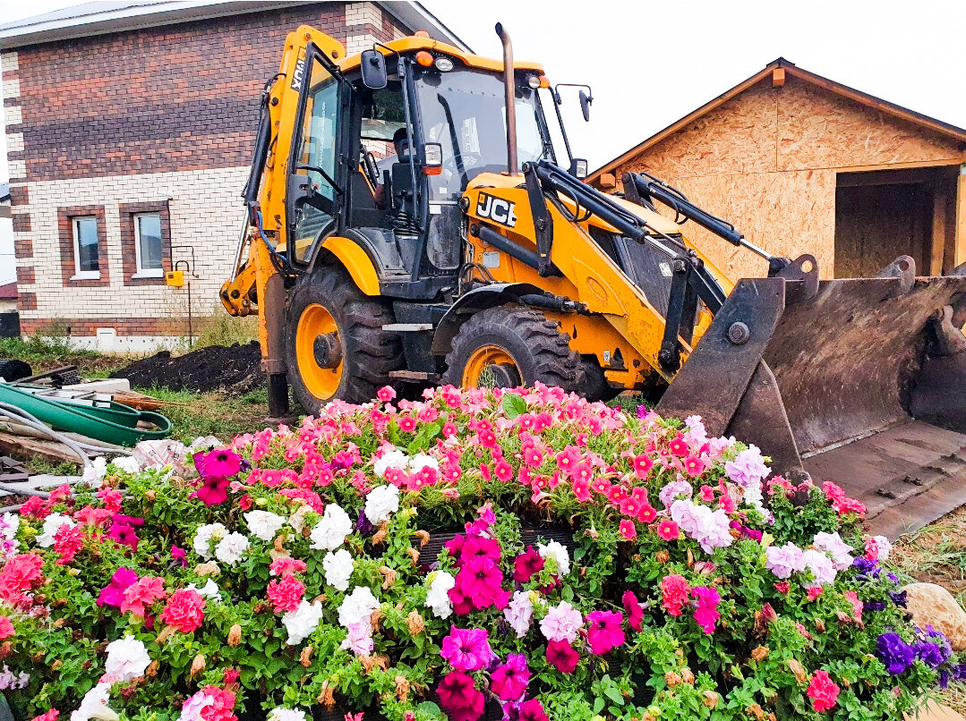 Очень даже симпатично выглядит трактор рядом с цветами