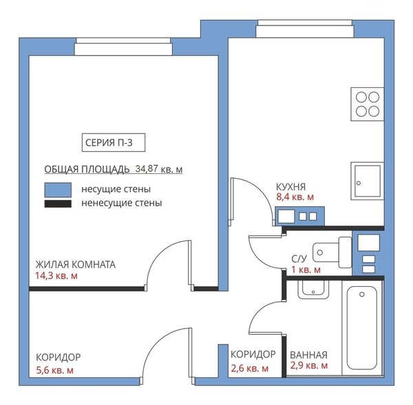 Перепланировка однушки 35 м² в панельной «брежневке»: 6 схем (бесплатно)