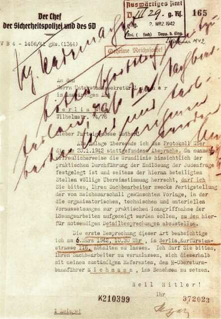 Последующее письмо обергруппенфюрера СС Рейнхарда Гейдриха министру иностранных дел Мартину Лютеру с просьбой об оказании административной помощи в осуществлении окончательного решения еврейского вопроса, 26 февраля 1942 года. Взято из свободных источников.