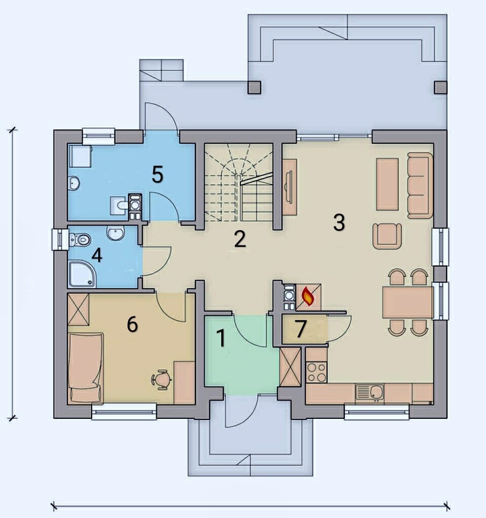 План первого этажа. Предусмотрены следующие помещения: 1. Тамбур, 4,48 м2; 2. Холл и лестница, 11,51 м2; 3. Гостиная-кухня, 27,18 м2; 4. Санузел, 3,34 м2; 5. Техническое помещение, 7,17 м2; 6. Гостевая комната, 10,81 м2; 7. Кладовая, 0,95 м2. Источник изображения: канал на Яндекс Дзен "СтройЭконом".