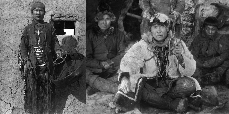 слева: якутский шаман; справа: якутский шаман в окружении якутов