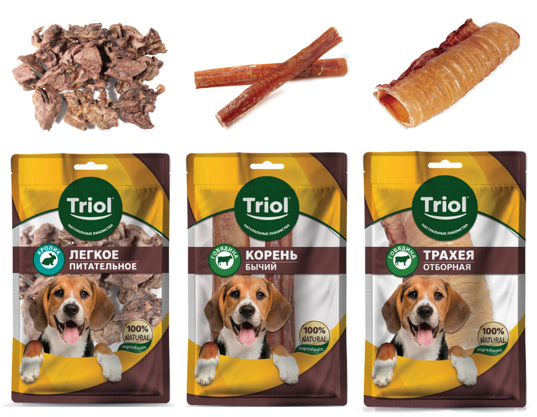 Лакомства TRIOL изготовлены из мясных субпродуктов с сохранением полезных свойств, витаминов и микроэлементов. На фото: легкое кроличье питательное, корень бычий, трахея говяжья отборная.