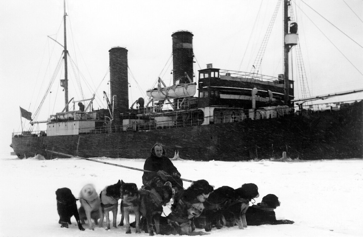 На обороте снимка написано «Доставка почты на ледокол» и указан фотограф «С. Курилов». 