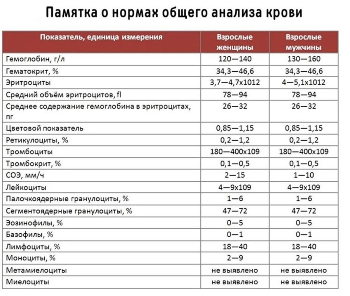 Нормальные показатели клинического анализа крови