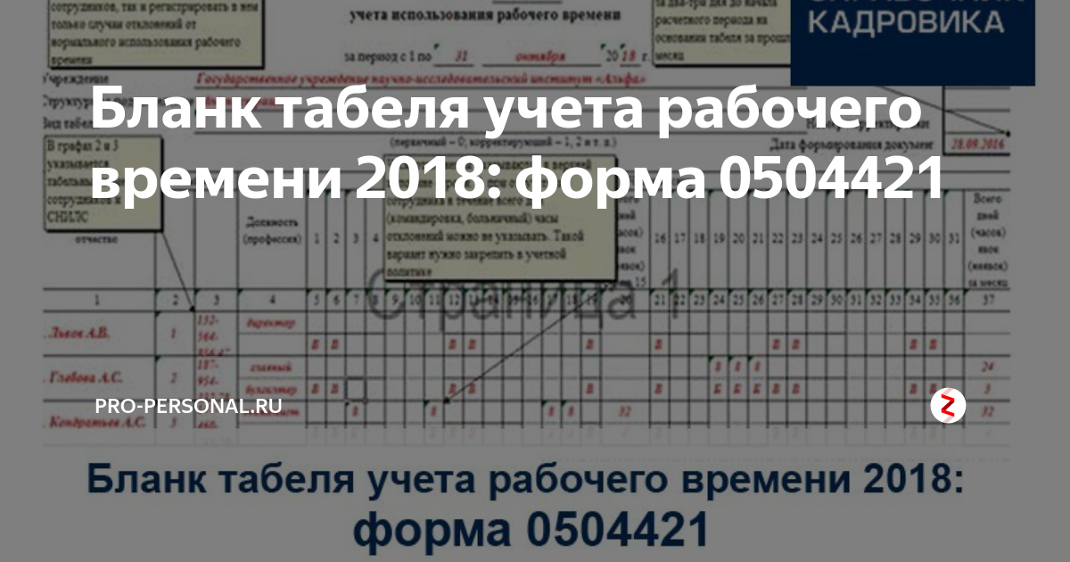 Форма табеля 0504421 образец заполнения