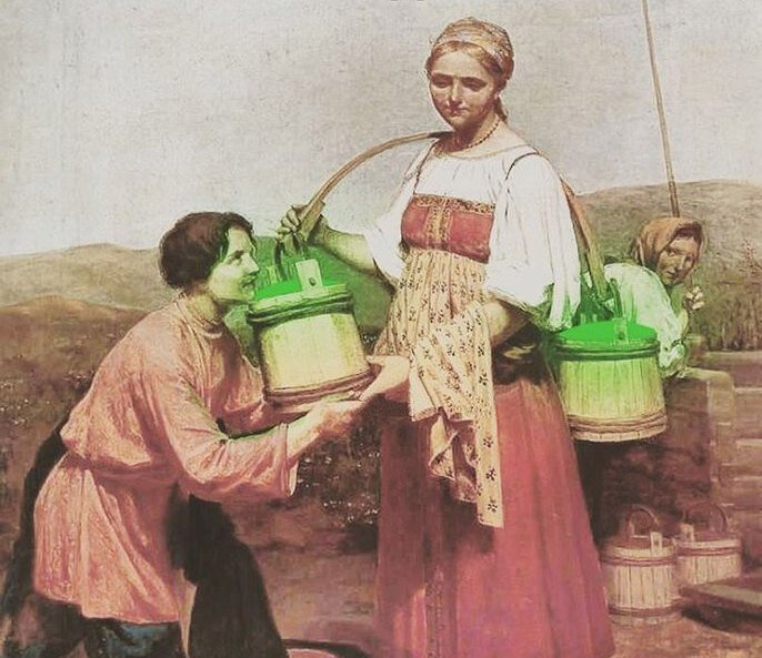 Коллаж картины Алексея Венецианова «Встреча у колодца».