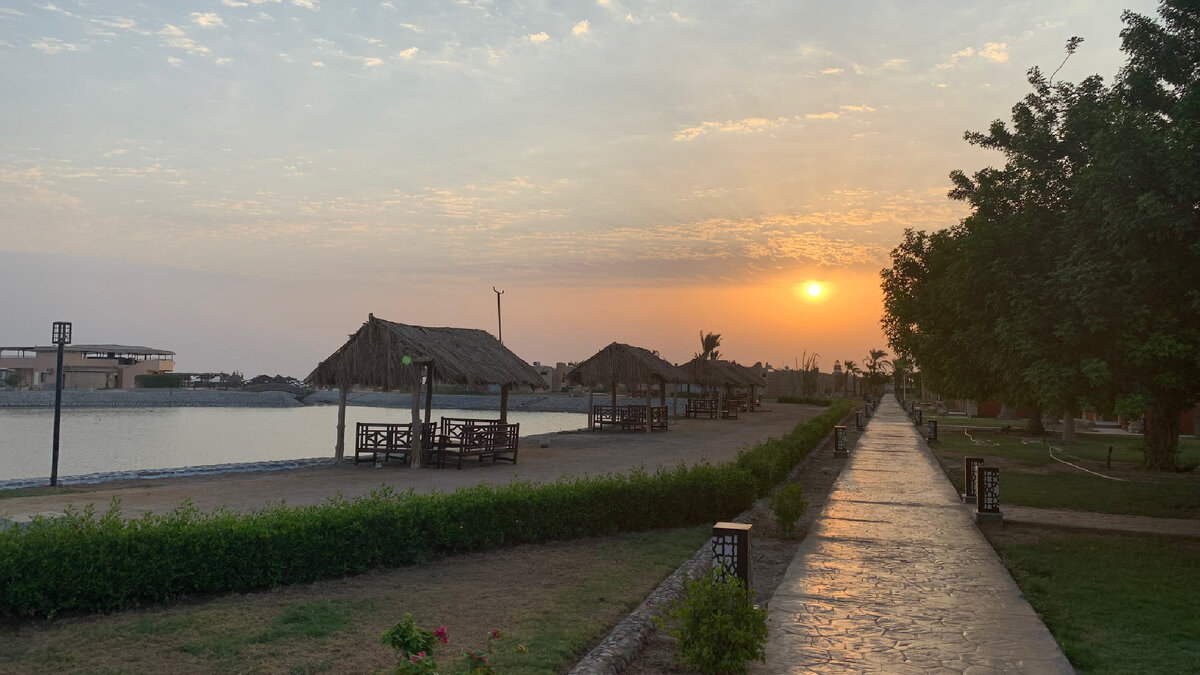 Раннее утро в Хургаде. Территория отеля Aladdin Beach Resort. Фото из личного архива.