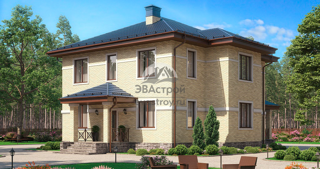 Проект двухэтажного дома 180 м2 с кабинетом, крыльцом и террасой - 09-04L