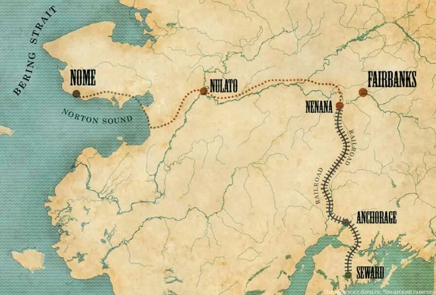 Маршрут гонки милосердия 1925 года. Сеппала и Того шли по льдам в районе Norton Sound