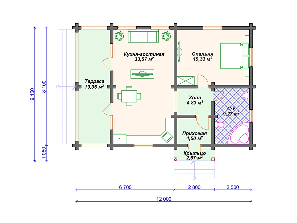 Планировка одноэтажного дома из бруса ДС-175