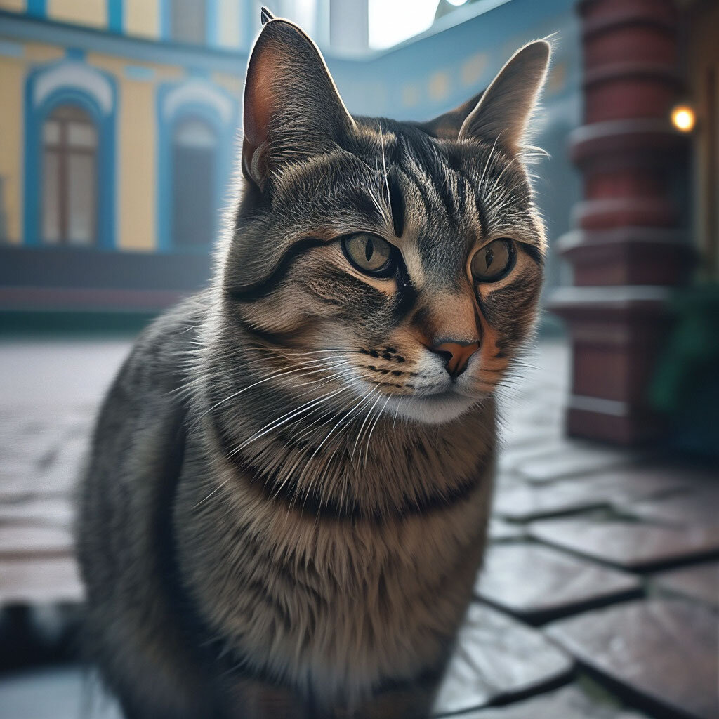 Кот в питерском дворе. Нейросеть Шедеврум.