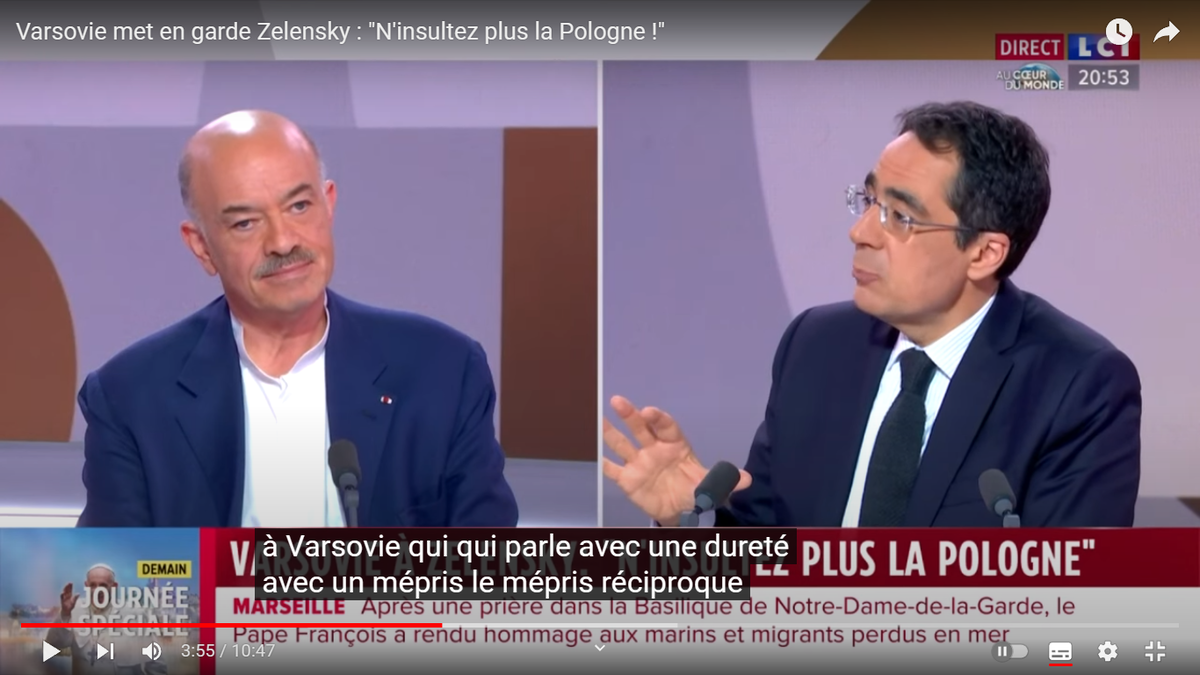 Дариус Рошбен (справа), Ален Бойер (слева) говорит о презрительных разговорах украинцев и поляков друг о друге.  Скриншот с сайта LCI в YouTube.