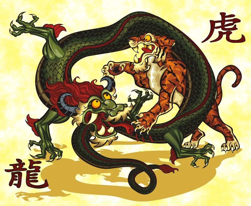 Год быка дракон. Китайский дракон и тигр. Дракон против китайского дракона. Дракон против тигра. Тигр и дракон в китайской мифологии.