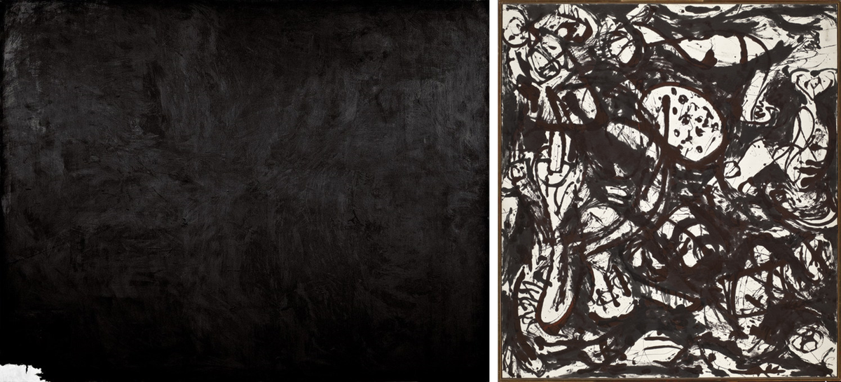 Слева — Роберт Мазервелл "Иберия" (1958 г.) - масло, холст - 178.8 x 226.6 см. - Музей Гуггенхайма в Бильбао, Бильбао, Испания. Справа — Джексон Поллок "Чёрный и белый (Номер 20)" - 1951 г. - 162.56 × 145.1 см. - Музей искусств округа Лос-Анджелес, Лос-Анджелес, Калифорния, США